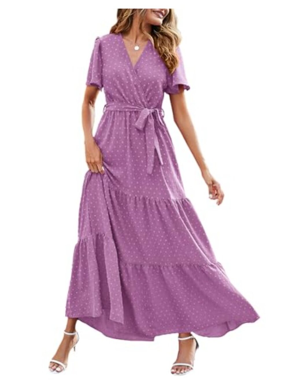 Womens Swiss Dot Maxi Dress Wrap V Neck Flutter Sleeve Flowy Boho